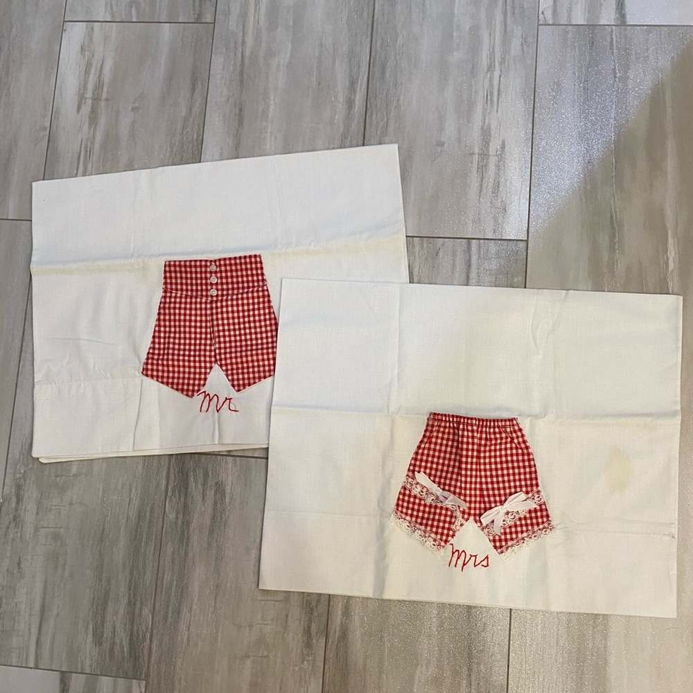 Vintage Mr. and Mrs. Hand Embroidered Pillowcases with Cute Underwear Appliqués
